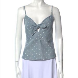 Reformation Polka Dot Linen Tank stop Cami Tie Front XS light blue white